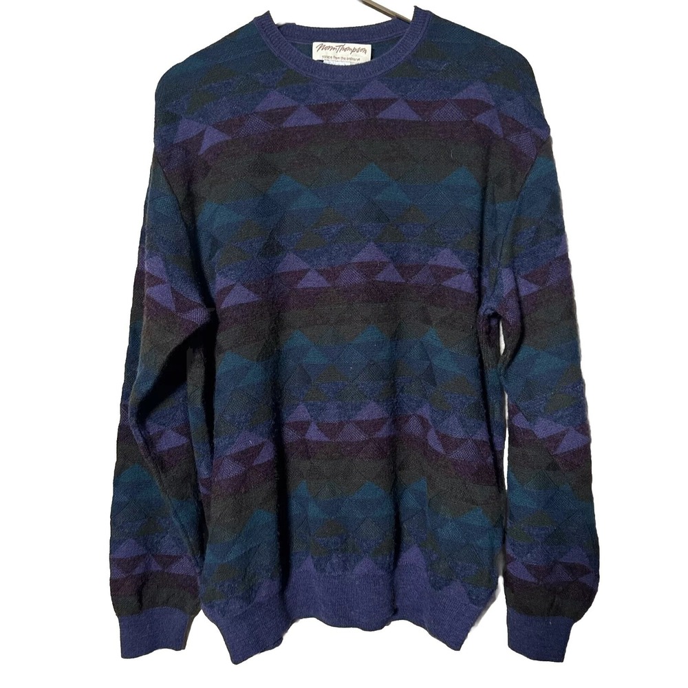 Vtg Norm Thompson Merino Wool Blend Grandpa Sweater Boho Geometric Size Large